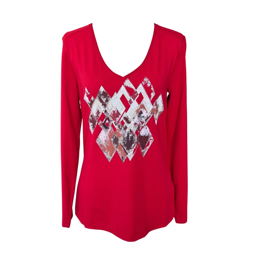 Escada Sport Red V-Neck Long Sleeve Graphic Diamond Top Ergy Large